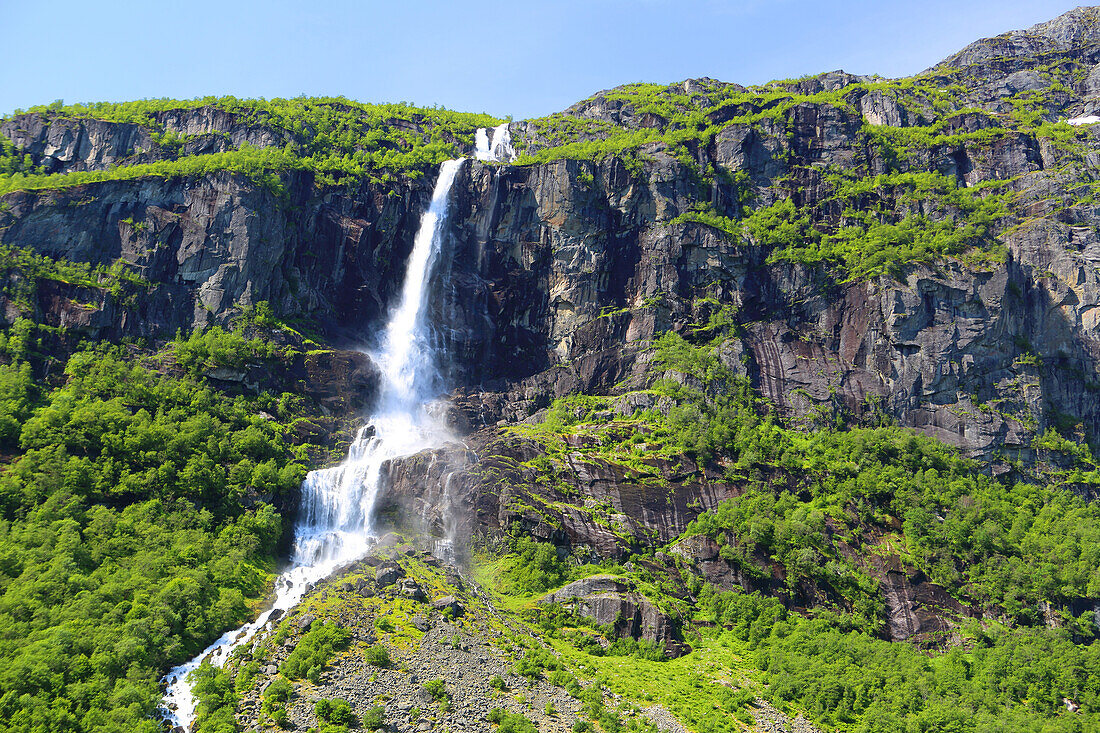 Waterfall near Briksdal Glacier, Olden, Vestland, Norway, Scandinavia, Europe