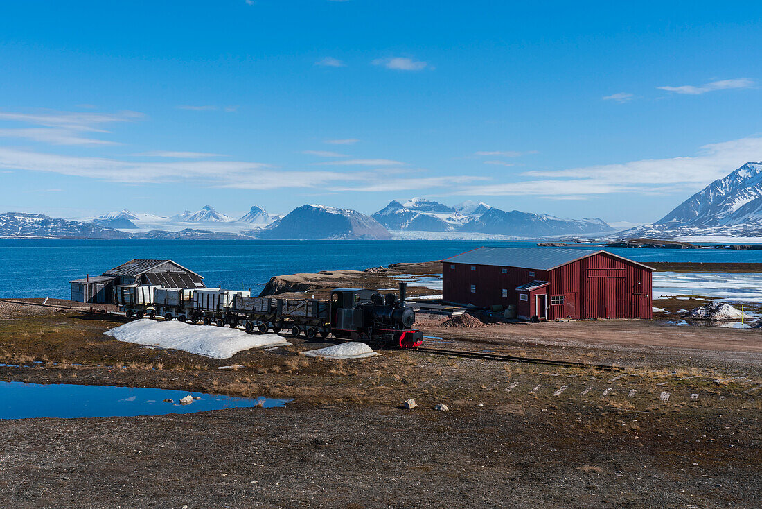 Old steam train, Ny-Alesund, used for mining in the past, Spitsbergen, Svalbard Islands, Arctic, Norway, Europe