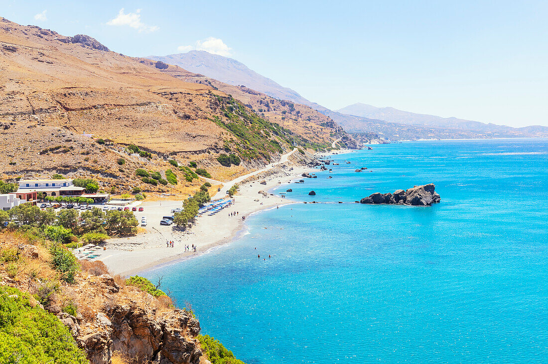 View of Drymiskos beach and coastline, Ammoudi, Rethymno, Crete, Greek Islands, Greece, Europe