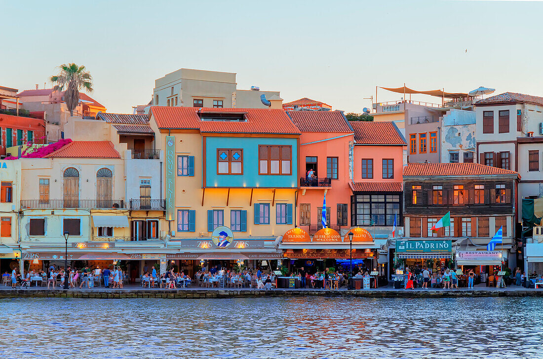 The Venetian Harbour at dusk, Chania, Crete, Greek Islands, Greece, Europe