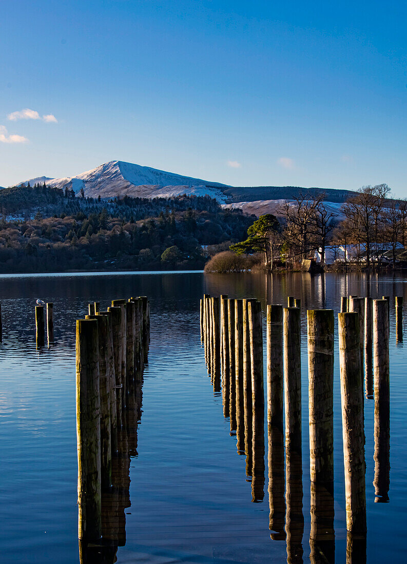 Poles, Grisedald Pike from Keswick Boat landings, Derwentwater, Keswick, Lake District National Park, UNESCO World Heritage Site, Cumbria, England, United Kingdom, Europe