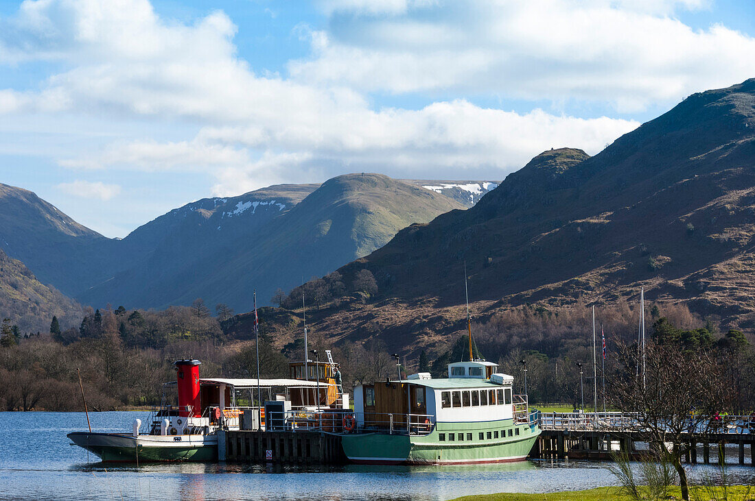 Two lake steamers await tourists at Glenridding Pier, Ullswater, Lake District National Park, UNESCO World Heritage Site, Cumbria, England, United Kingdom, Europe