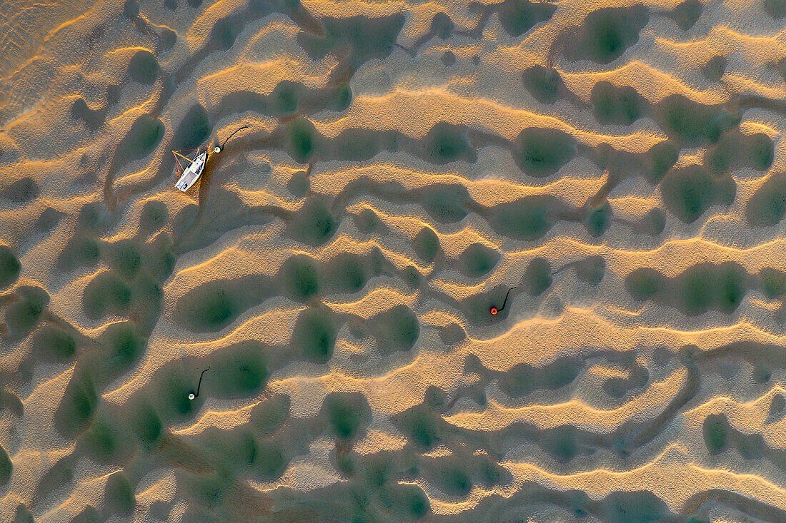 Gestrandetes Boot auf der Sandbank Town Bar im Camel Estuary bei Ebbe, Rock, Cornwall, England, Vereinigtes Königreich, Europa