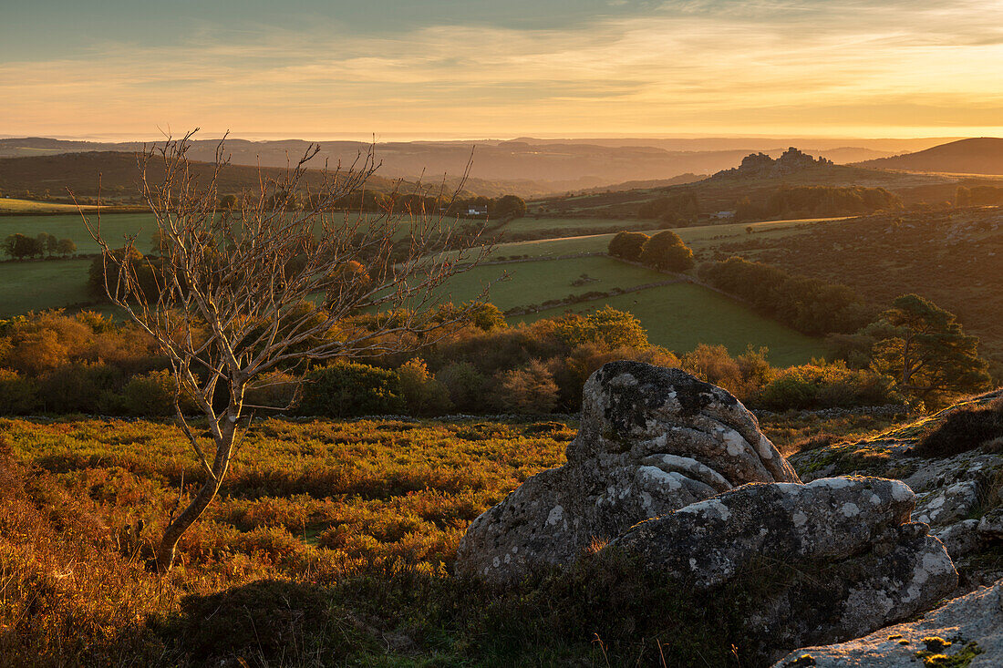 Hügeliges Dartmoor-Moor und Landschaft bei Sonnenaufgang im Herbst, Devon, England, Vereinigtes Königreich, Europa