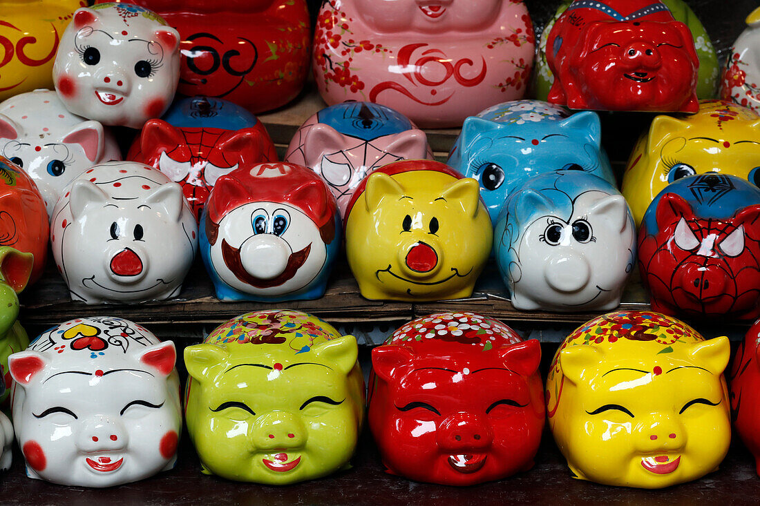 Colorful piggy banks for Vietnamese Tet festival, Hanoi, Vietnam, Indochina, Southeast Asia, Asia