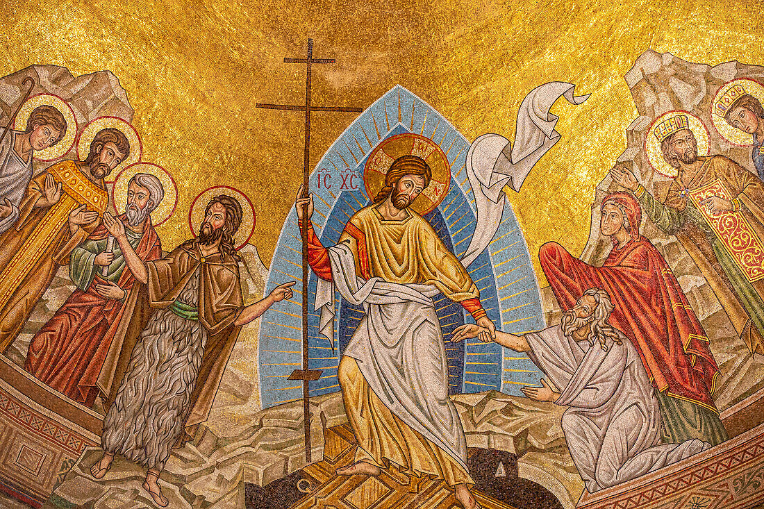 Deckenfresko (Mosaik) mit der Darstellung der Auferstehung, Melkitische (griechisch-katholische) Kathedrale St. Paul, Harissa, Libanon, Naher Osten
