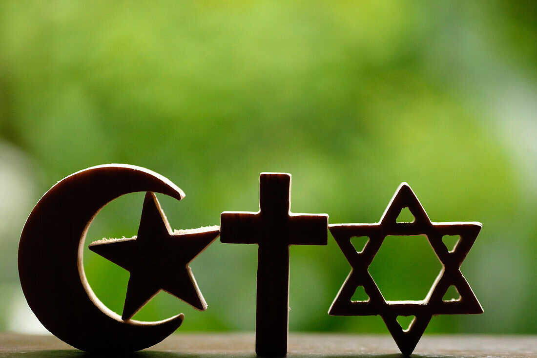 Religious symbols of Jewish Star of David, Muslim Star and Crescent, Christian Cross, interreligious and interfaith dialogue, Vietnam, Indochina, Southeast Asia, Asia
