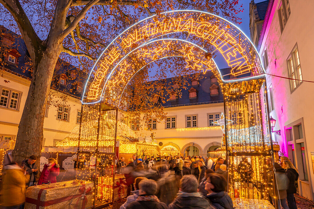 View of Christmas Market in Willi-Horter-Platz in historic town centre at Christmas, Koblenz, Rhineland-Palatinate, Germany, Europe