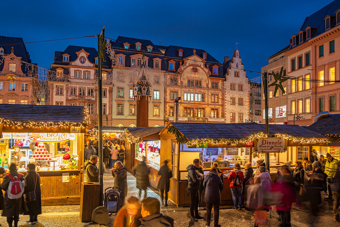 Blick auf den Weihnachtsmarkt am Domplatz, Mainz, Rheinland-Pfalz, Deutschland, Europa