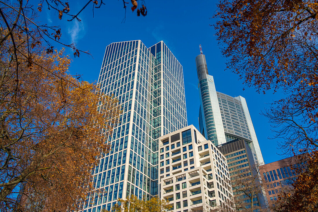 Blick auf die Skyline des Finanzviertels, Taunusanlage, Frankfurt am Main, Hessen, Deutschland, Europa