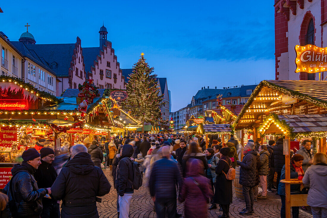 View of Christmas Market on Roemerberg Square at dusk, Frankfurt am Main, Hesse, Germany, Europe