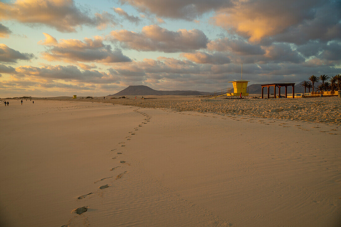 Blick auf Strand, Rettungsschwimmerturm und den Atlantik bei Sonnenaufgang, Naturpark Corralejo, Fuerteventura, Kanarische Inseln, Spanien, Atlantik, Europa
