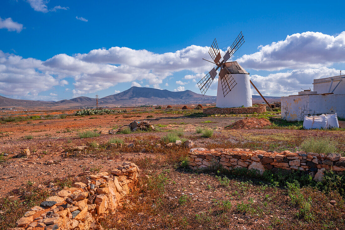 Blick auf Windmühle in dramatischer Landschaft bei La Matilla, Fuerteventura, Kanarische Inseln, Spanien, Atlantik, Europa