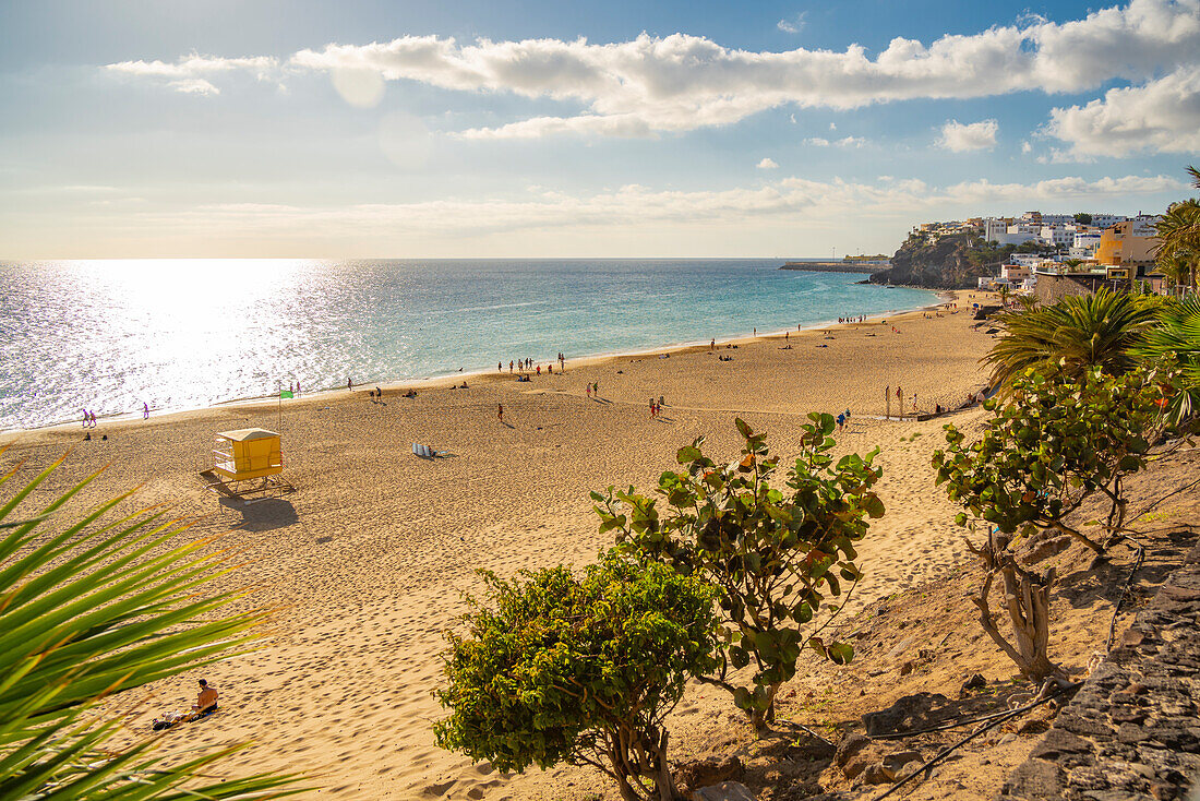 Blick auf den Strand Playa del Matorral und die Stadt, Morro Jable, Fuerteventura, Kanarische Inseln, Spanien, Atlantik, Europa