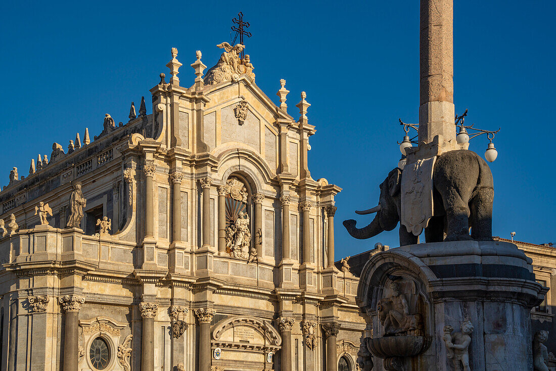 View of Duomo di Sant'Agata and Fountain of the Elephant, Piazza Duomo, Catania, Sicily, Italy, Mediterranean, Europe