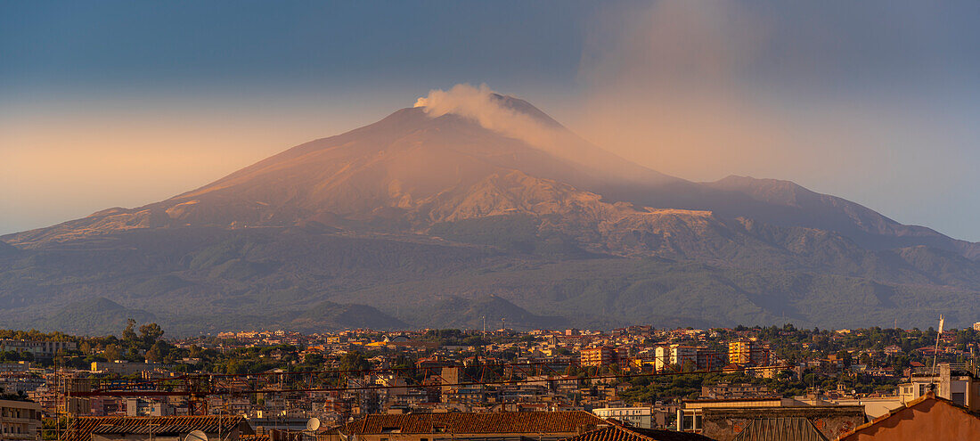 View of rooftops and Mount Etna, UNESCO World Heritage Site, Catania, Sicily, Italy, Mediterranean, Europe
