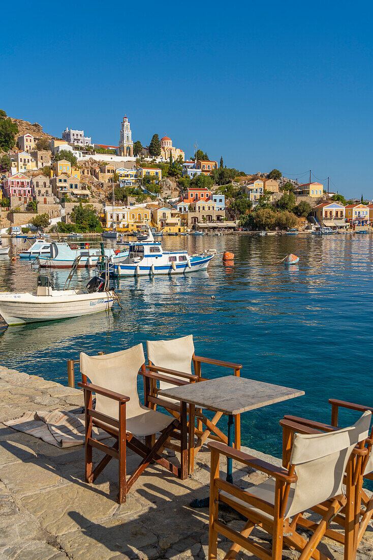 View of The Annunciation Church overlooking Symi Town, Symi Island, Dodecanese, Greek Islands, Greece, Europe