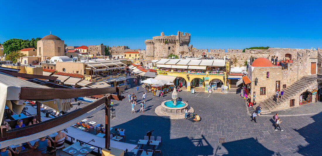 View of Hippocrates Square from elevated position in Rhodes Old Town, Rhodes, Dodecanese Island Group, Greek Islands, Greece, Europe