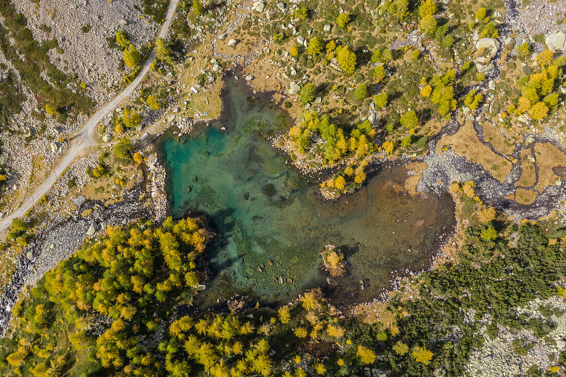 Luftaufnahme des Sees Acque Sparse in der Herbstsaison, Eita, Val Grosina, Valtellina, Provinz Sondrio, Lombardei, Italien, Europa