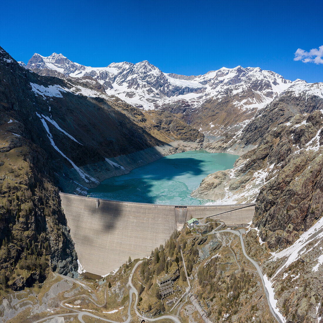 The dam of Gera and in background the glacier of Fellaria, Valmalenco, Valtellina, Sondrio Province, Lombardy, Italy, Europe
