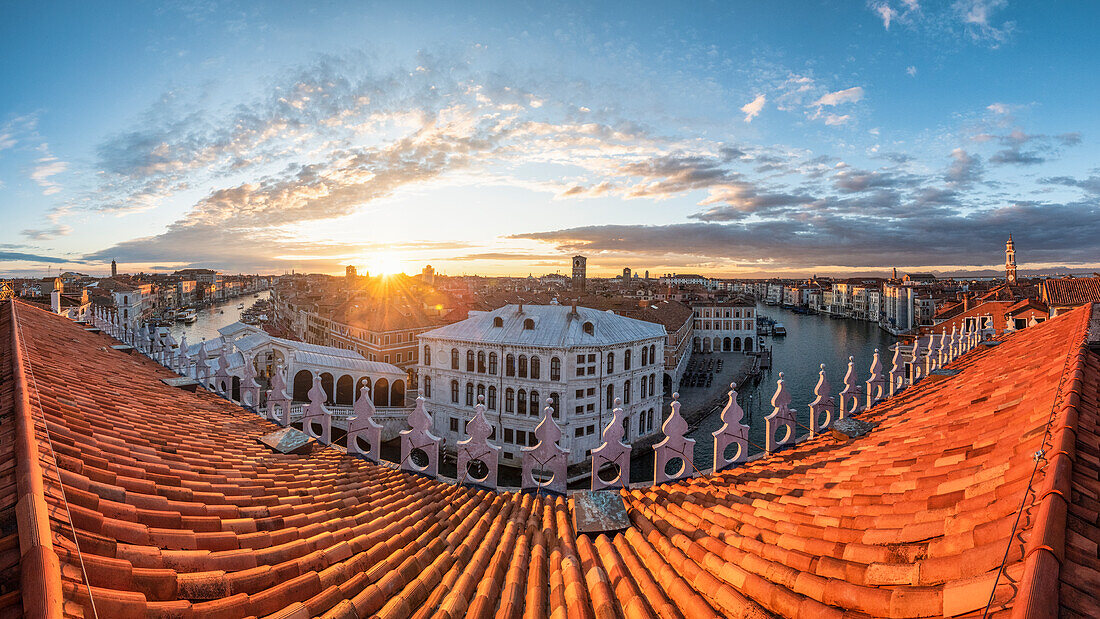 The view of Venice and Canal Grande from panoramic terrace of Fondaco dei Tedeschi, Venice, Veneto, Italy, Europe