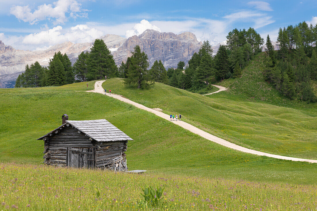 PIz La Ila, Alta Badia, Gadertal, Dolomiten, Provinz Bozen, Südtirol, Italien, Ein Chalet mit dem Monte Cavallo und der Punta di mezzo di Fanes im Hintergrund