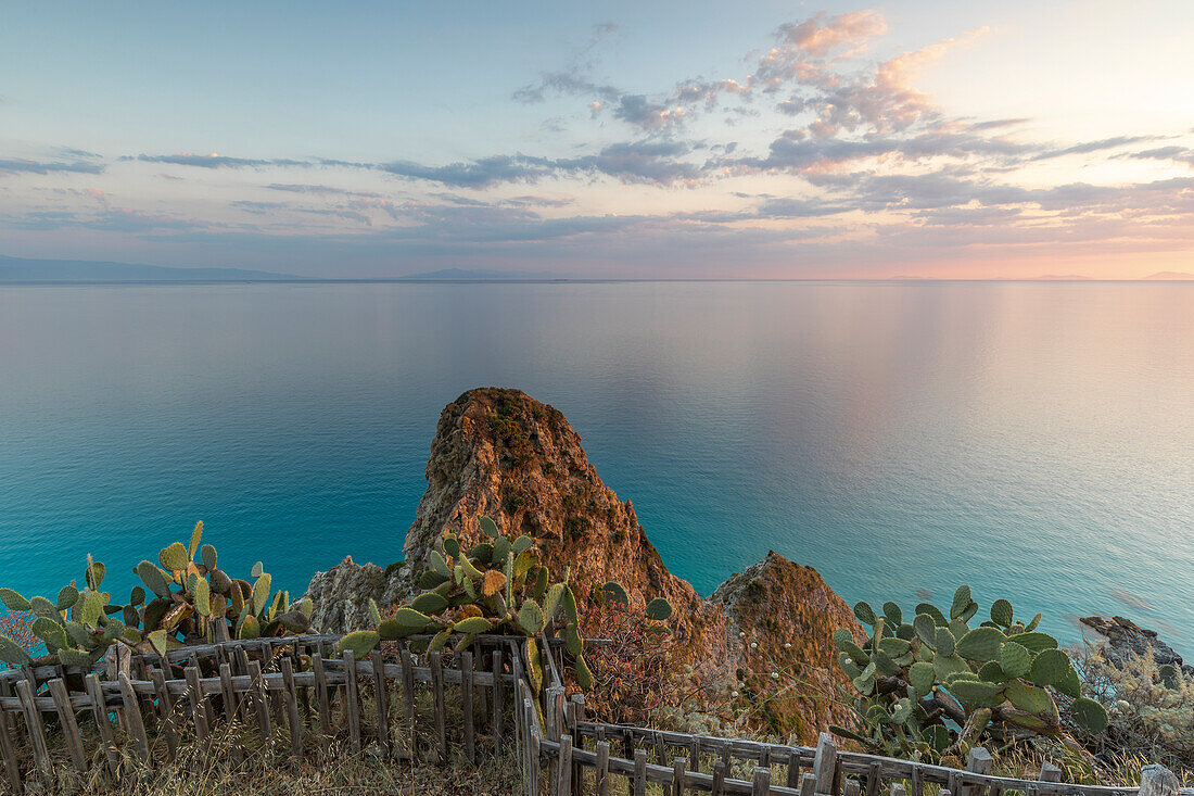 View of the crystal clear sea from Capo Vaticano at sunset, Vibo Valentia province, Italy, Europe