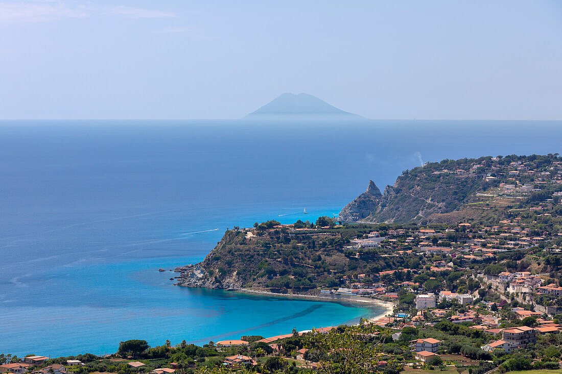 View of Capo Vaticano with Stromboli in the background, Vibo Valentia province, Calabria, Italy, Europe