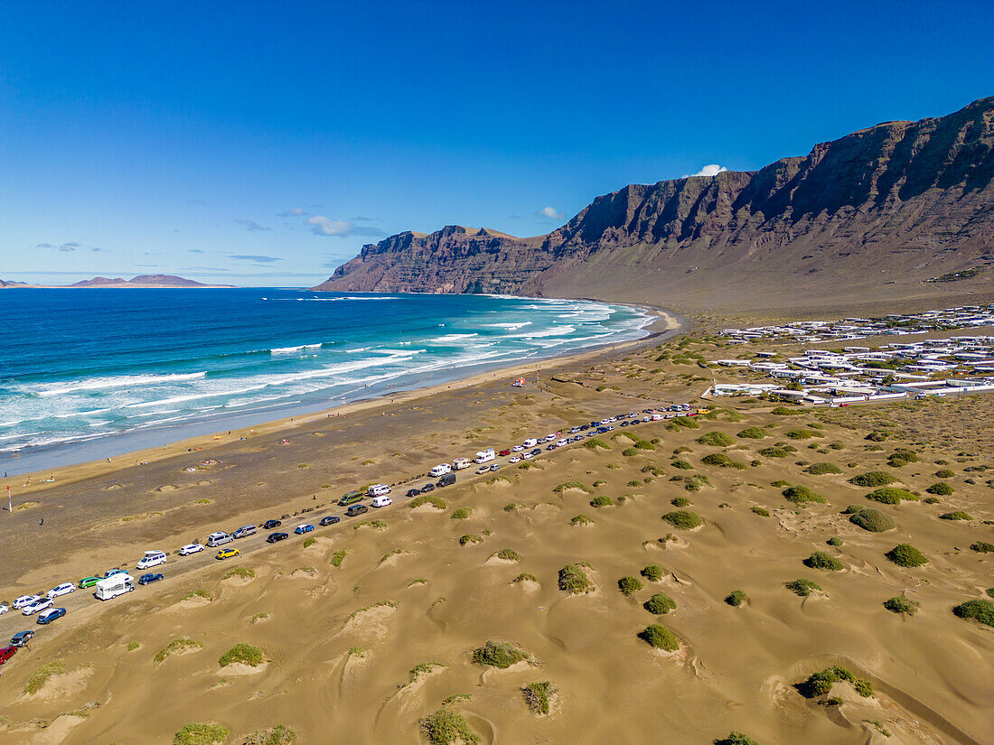 Aerial view of beach of Playa Famara, Caleta de Famara, Lanzarote, Las Palmas, Canary Islands, Spain, Atlantic, Europe