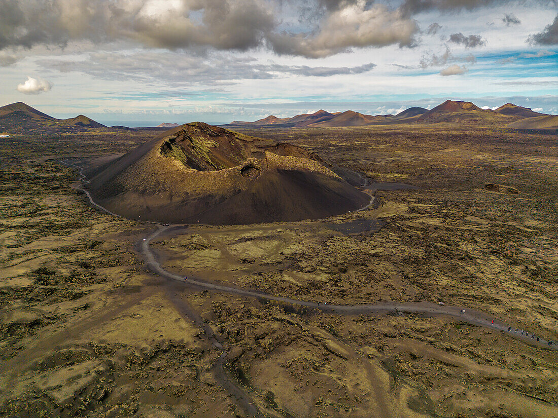 Aerial view of El Cuervo Volcano, Timanfaya National Park, Lanzarote, Las Palmas, Canary Islands, Spain, Atlantic, Europe