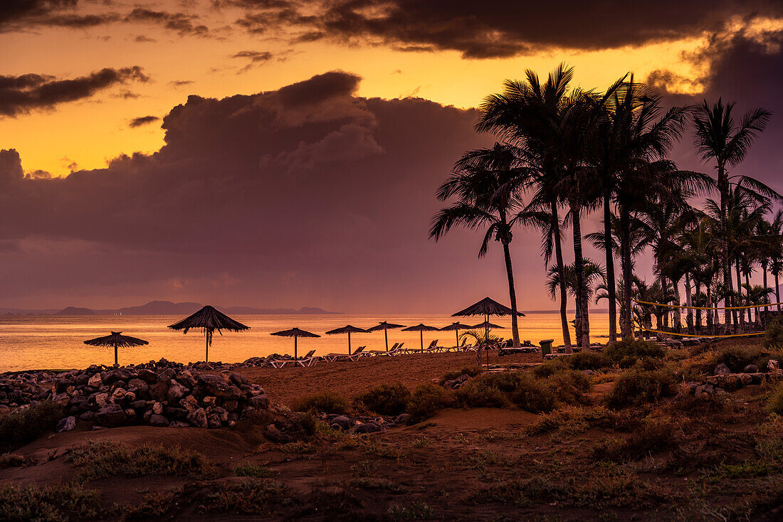 Blick auf den Strand Playa de los Pocillos bei Sonnenuntergang, Puerto del Carmen, Lanzarote, Las Palmas, Kanarische Inseln, Spanien, Atlantik, Europa