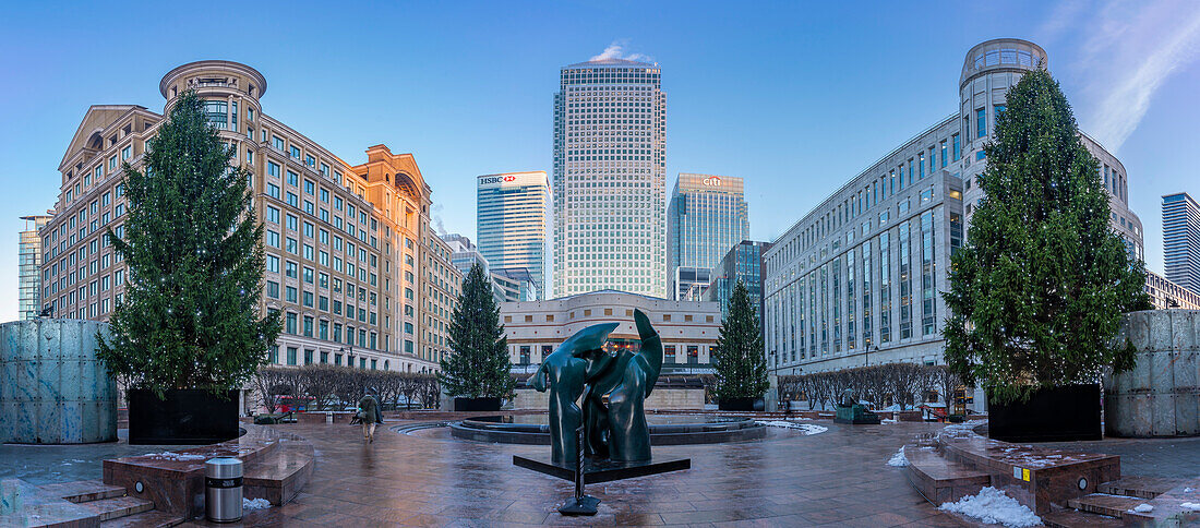 View of Canary Wharf tall buildings at Christmas, Docklands, London, England, United Kingdom, Europe