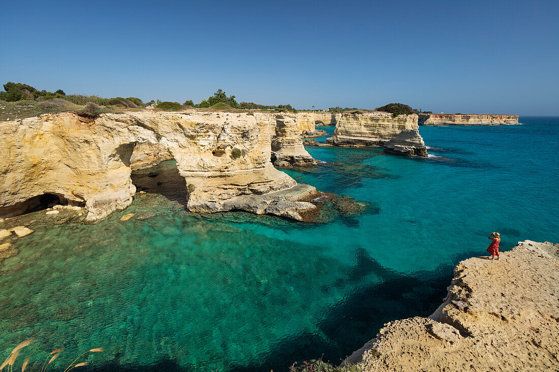 Rock stacks and crystal clear sea of the Faraglioni di Sant Andrea, Torre di Sant Andrea, Melendugno, Lecce Province, Puglia, Italy, Europe