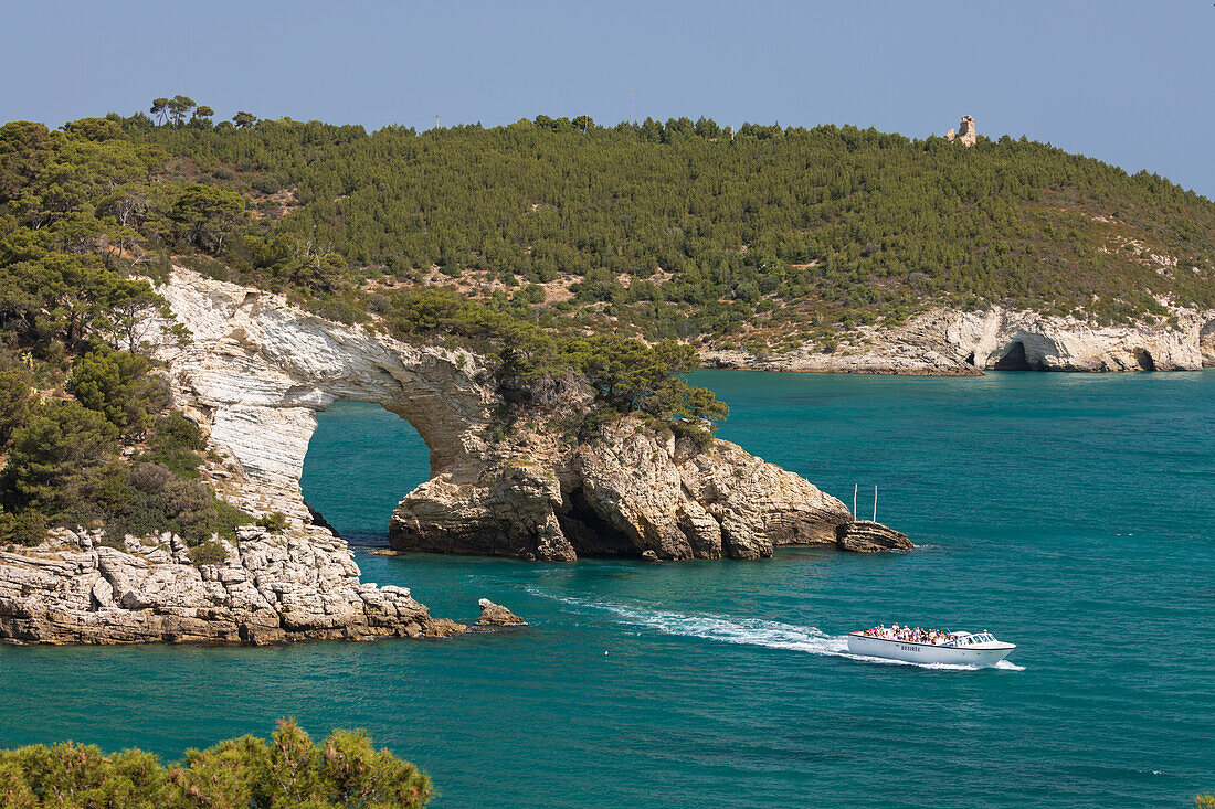 Boot unter dem Bogen Arco di San Felice mit Torre Gattarella dahinter, Vieste, Halbinsel Gargano, Provinz Foggia, Apulien, Italien, Europa