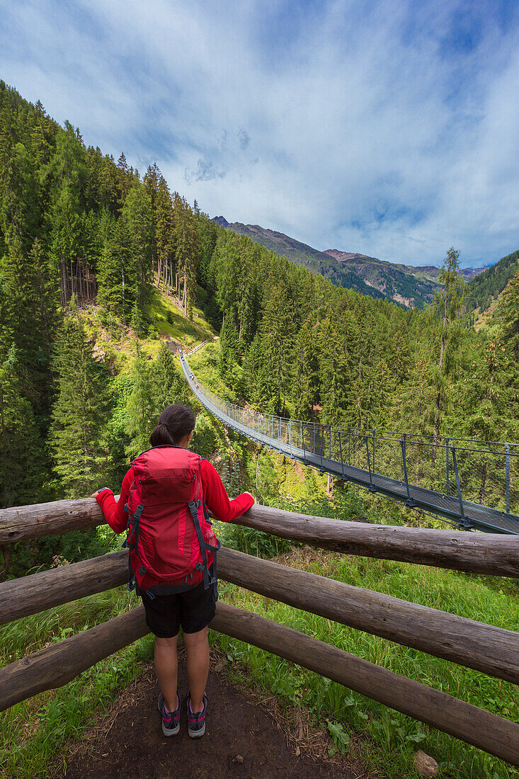 Hiker looks the tibetan bridge (Ponte Sospeso Ragaiolo), Rabbi valley (val di Rabbi), Trento province, Trentino-Alto Adige, Italy, Europe (MR)