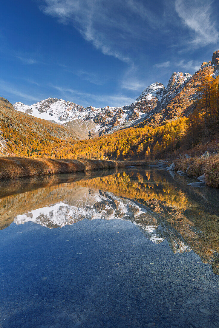 Reflektionen des Berges Disgrazia im Herbst, Preda Rossa, Valtellina, Valmasino, Provinz Sondrio, Lombardei, Italien, Europa