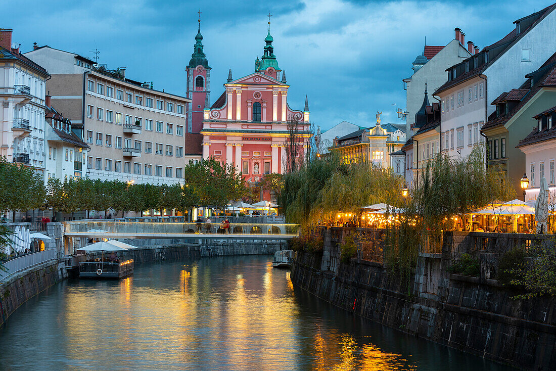 Ljubljanica river and Franciscan Church of the Annunciation in the center of Ljubiana, Slovenia, Europe