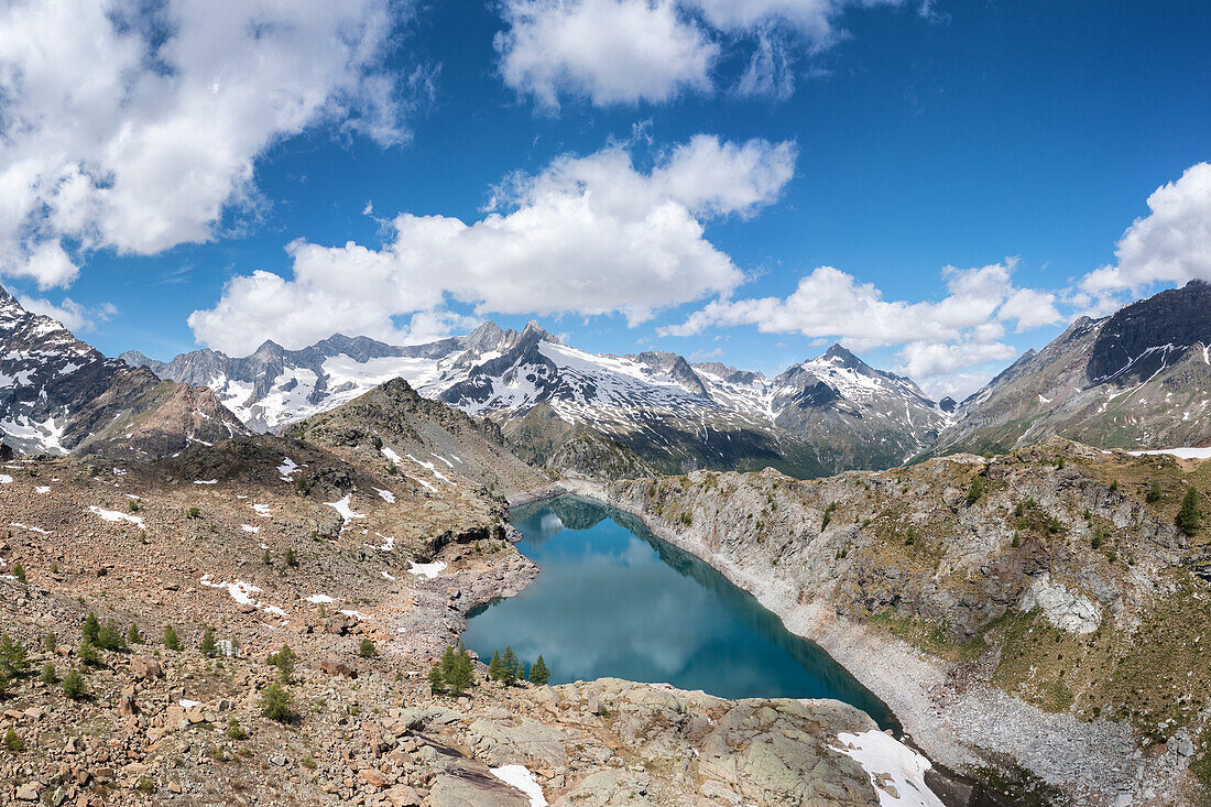 Aerial view of Lago Pirola during summer,Chiareggio, Valmalenco, Valtellina, Sondrio province, Lombardy, Italy, Europe.