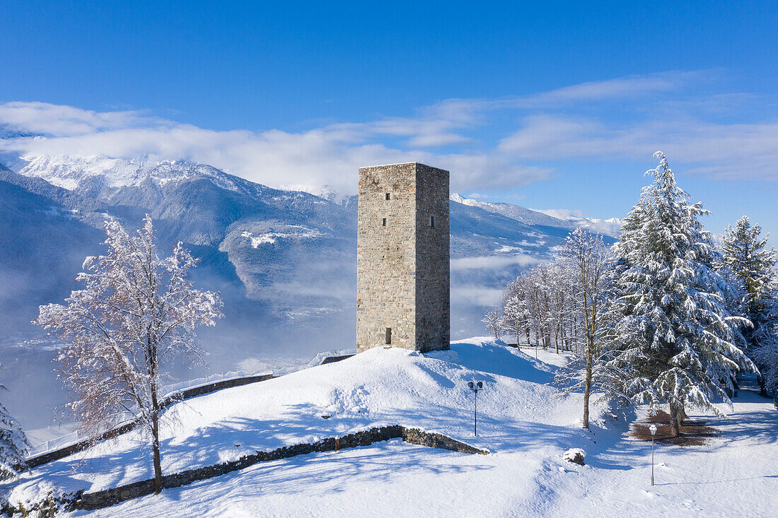 The tower of Teglio after spring snowfall, Teglio, Valtellina, Province of Sondrio, Lombardy, Italy, Europe
