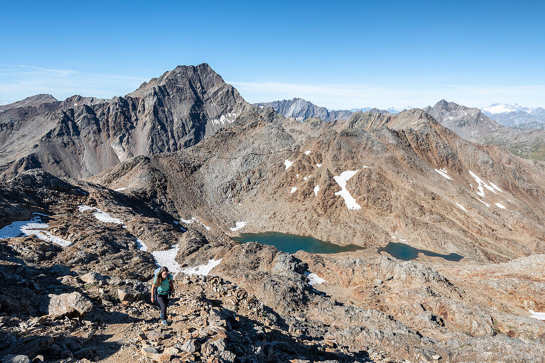 Girl walks on the ridge of Piz Vallumbrina in Gavia Valley, Valtellina, Sondrio Province, Lombardy, Italy, Europe