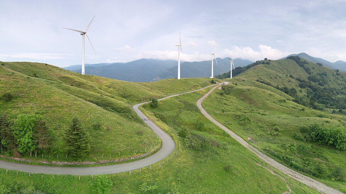 Aerial view of the Cappelletta Pass with wind turbine in summer day, municipality of Albareto, Parma province, Emilia Romagna district, Italy, Europe
