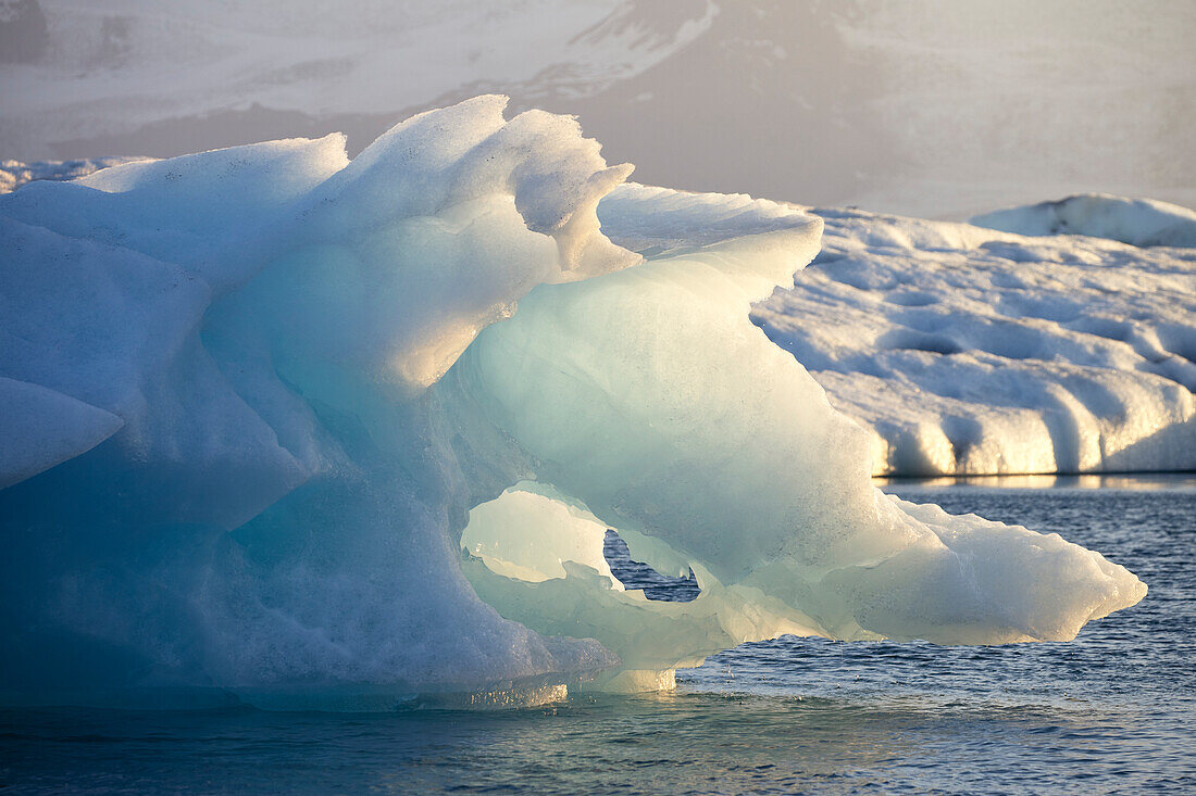 Icebergs during a summer sunset, Jokulsarlon Glacier Lagoon, Austurland, Eastern Iceland, Iceland, Europe