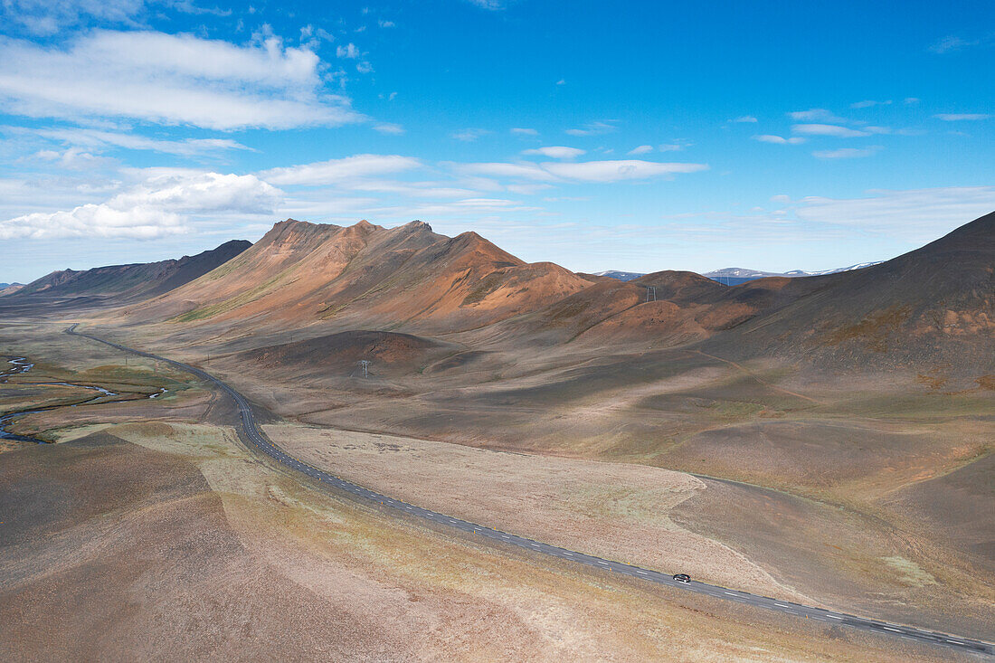 aerial vertical view taken by drone of the road to Mivathn Lake during a summer day, Norduland, Eastern Iceland, Iceland, Europe.