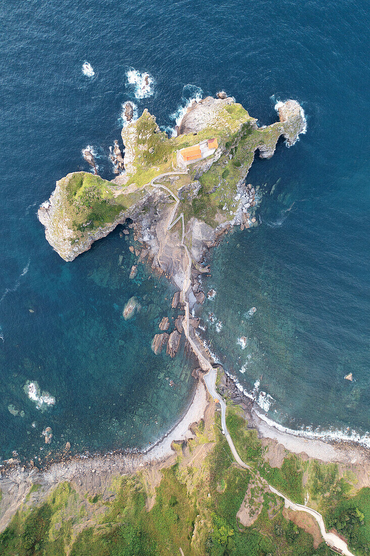 aerial vertical view of San Juan de Gatzelugatxe in summer time, municipality of Bermeo, Bizkaia province, Spain, Europe