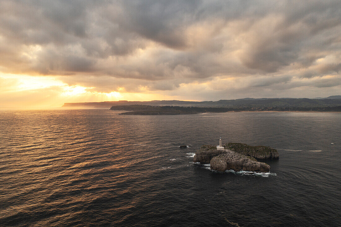 aerial view taken by drone of Isla de Mouro, during a warm sunrise, municipality of Santander, Cantabria, Spain, Iberian Peninsula, Western Europe