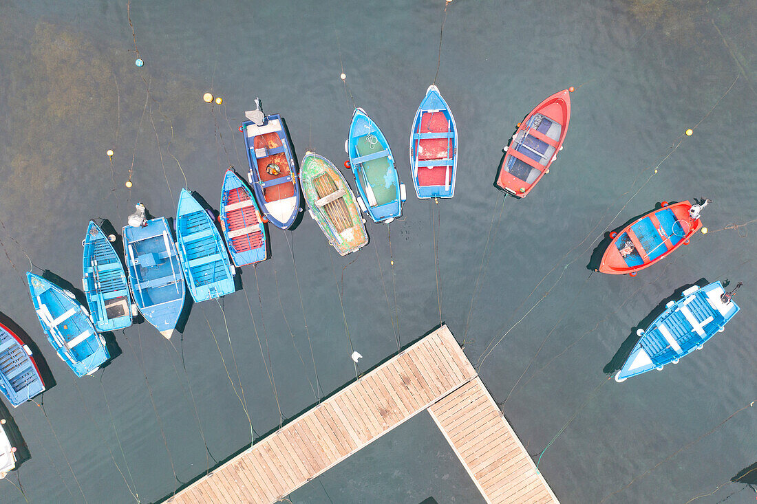 aerial vertical view, taken by drone, of the fishing harbour of Cudillero, municipality of Cudillero, Asturie, Spain, Europe