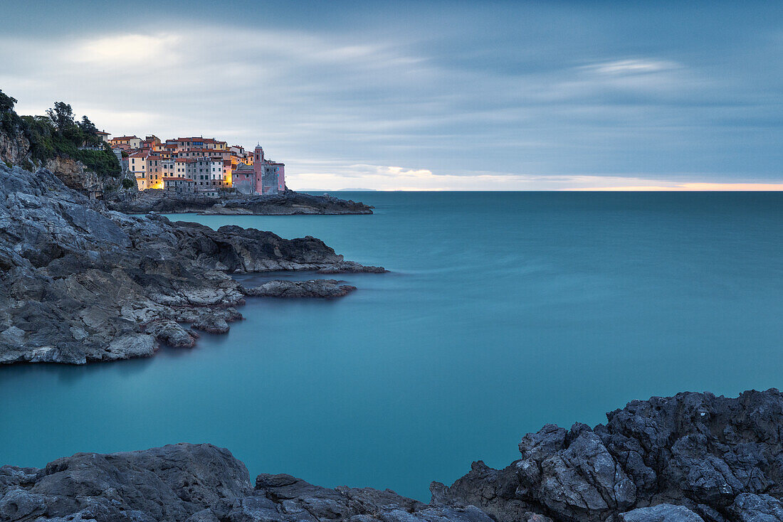 an amazing blue hour captured along the cliffs near the historic villag of Tellaro, Tellaro, municipality of Lerici, La Spezia province, Liguria district, Italy, Europe