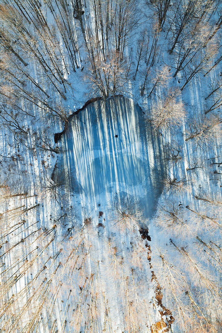 Senkrechtes Luftbild einer Drohne von einem kleinen zugefrorenen See im toskanisch-emilianischen Nationalpark, Gemeinde Ventasso, Provinz Reggio Emilia, Bezirk Emilia-Romagna, Italien, Europa
