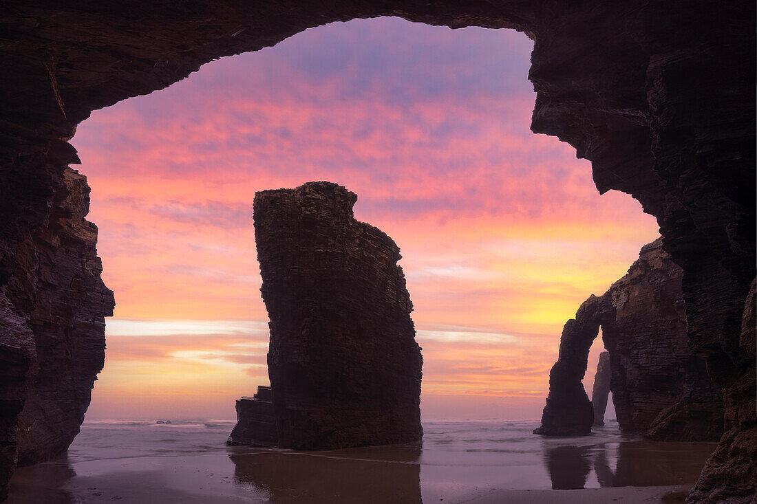 an amazing summer sunrise taken at Praia at Catedrais during a low tide, Galixia, Spain, Europe