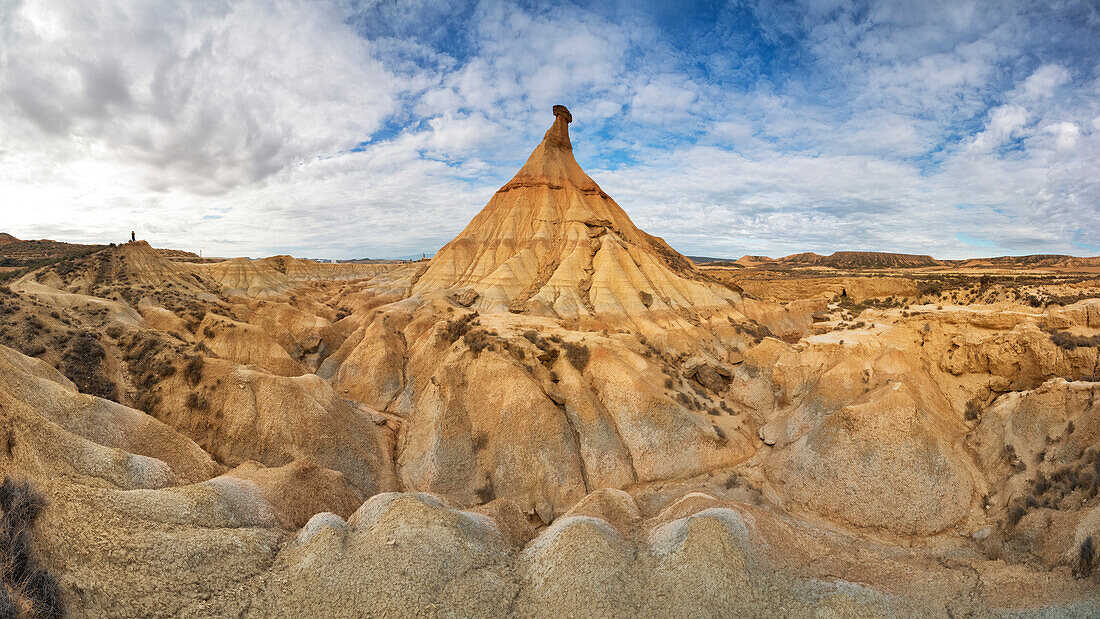 the iconic rock formation called Castel de Tierra during a warm summer sunrise, Bardenas Reales Natural Park, Navarra, Spain, Europe